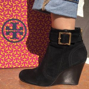 Versatile black suede booties with gold accents